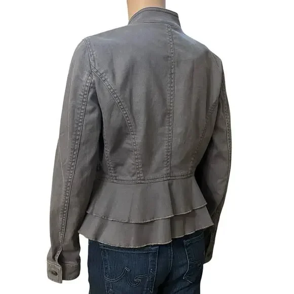 Ann Taylor Loft Military Style Denim Jacket 0 Gray Double Breasted Button Ruffle - Picture 4 of 8